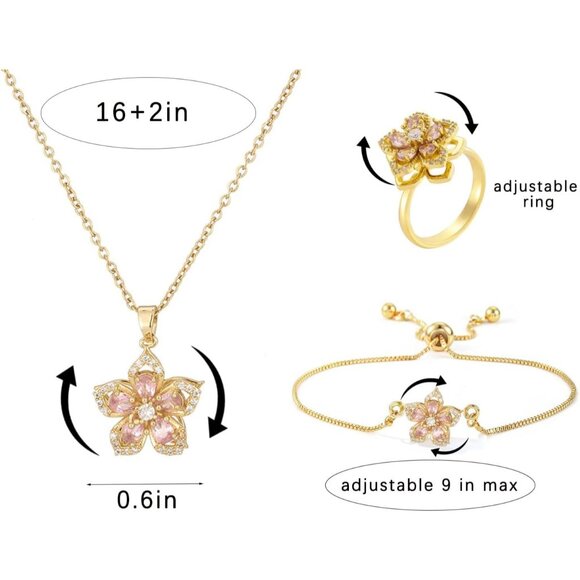 Women's Gold Pink Flower Three Piece Set Adjustable Crystal Pendant Necklaces - Picture 2 of 7